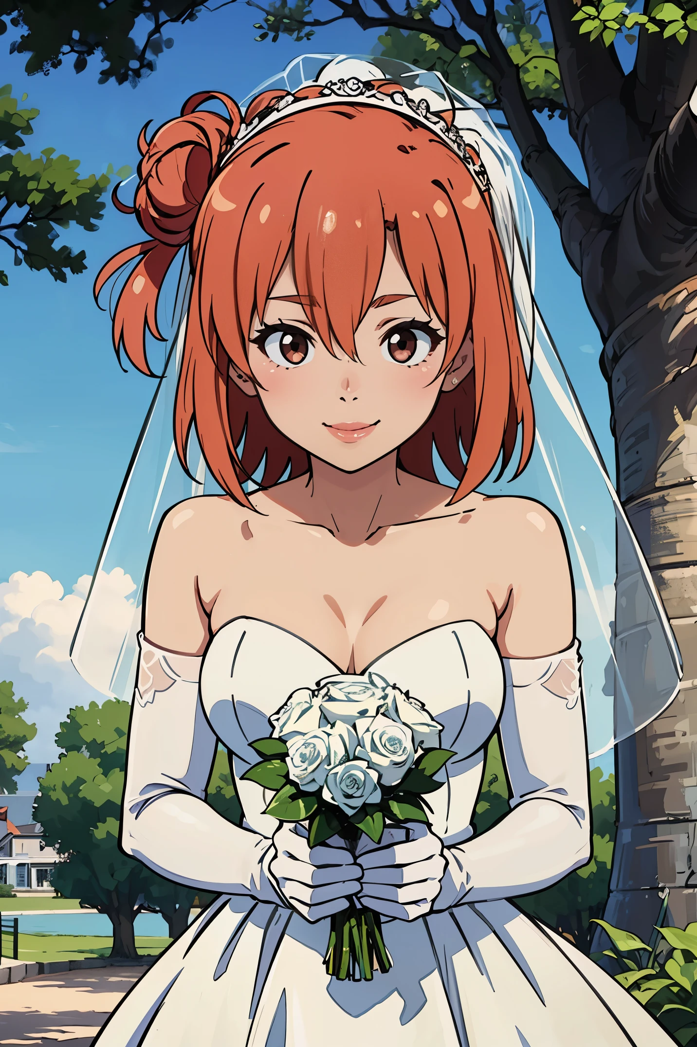 Yuigahama Yui, hair between eyes, ahog, brown hair, Star \(symbol\), hair accessories, skirt, split, shoulder, clavicle, White long elbow gloves, White gloves, white skirt, white collar, Strapless, Head flower，Bouquet，veil, Strapless skirt, wedding skirt, bridal veil, beautiful woman, Perfect body, perfect, wearing a wedding skirt, ball gown, On the tree in the park, wedding decorations, warm smile, Reality, masterpiece, textured skin, Super details, high detail, high quality, best quality, 1080P, 16k