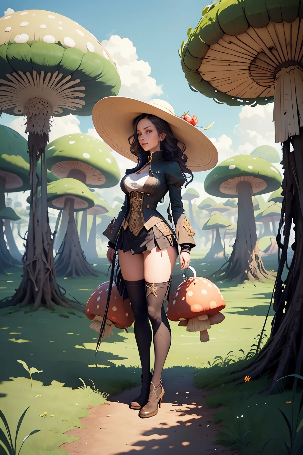  a woman with  hat, standing in a field of giant mushrooms, peter mohrbacher. unreal engine, peter mohrbacher style, mohrbacher, style of peter mohrbacher, wlop and krenz cushart, in style of peter mohrbacher, in the art style of mohrbacher, peter mohrbacher artstyle