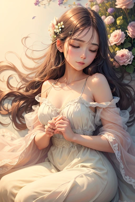 (full-body shot):1.5,dutch angel:1.2, (best quality,4k,8k,highres,masterpiece:1.2),ultra-detailed:1.2,(realistic,photorealistic,photo-realistic:1.37),cute girl,((enjoying a nap on a hammock chair)):1.4,in the shade of trees by the riverbank,soft sunlight filtering through the leaves,gentle breeze swaying the hammock,surrounded by blooming flowers,peaceful and serene atmosphere,crystal-clear river flowing gently in the background,cheerful and relaxed expression on the girl's face,sparkling eyes with long lashes,pink rosy cheeks,flowing hair dancing in the wind,dressed in a flowing summer dress,decorated with vibrant floral patterns,delicate details on the fabric and embroidery,subtle shadows emphasizing the contours of the girl's body,vivid colors creating a joyful and lively scene,dreamy and whimsical ambience,evoking a sense of tranquility and happiness,blissful escape from the bustling world,conveying a moment of pure joy and contentment.