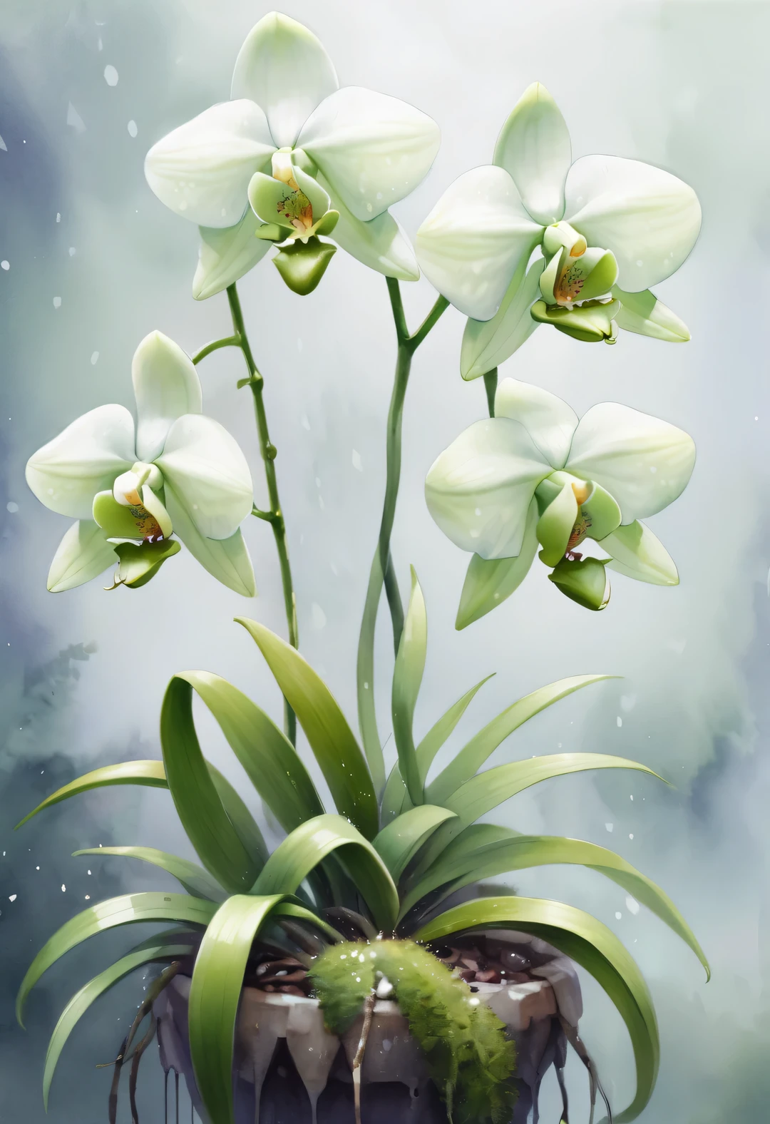 (Close-up watercolor painting of a bell-shaped orchid growing upward), , green and white watercolor, Dripping watercolor, masterpiece, Dotted, style, image, dreamlike, otherworldly, impossible, exaggerated, hazy atmosphere, enchanting atmosphere, mysterious atmosphere, Quixel Megascans rendering, Unreal Engine, high detail, Super quality, high resolution, 16k, Large close-up, beautiful lights,