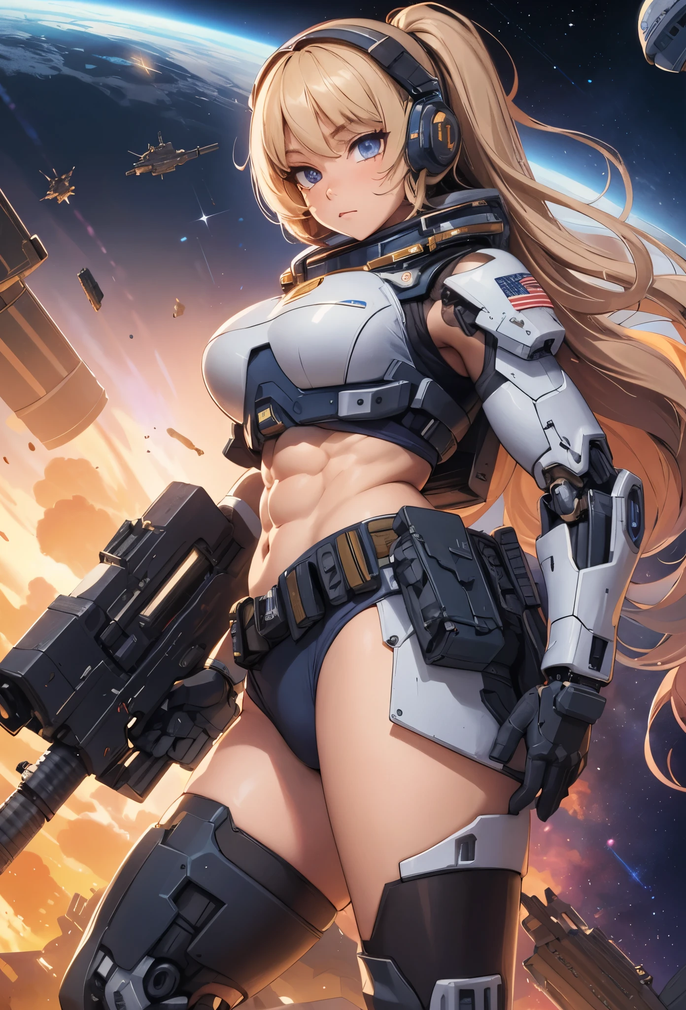  (detailed illustrations,Very detailed and precise drawing,Delicate drawn lines with tempo,Realistic texture expression),[color traced main line],(Space Battlefield [Space Mobile Fortress]),[solo],HENTAI (((ANIME) BIONICGirl) Beauty 15 years old ((muscular) [Plump])) (Astronauts Cyborg) [Space Marine Corps Military [MASCHINEBODY]],Bullet Belt Javelin [[Firearms, Machine Guns, Bazookas] Saber Rifle ][[Rocket Pack]],Zero Gravity Front,gravure [[White Devil] [Outer space combat]] Battle Damage,[retro future],(intricate and beautiful decoration [Dense detail]),(Fine and beautiful skin expression [transparency]),[完璧な目のdetailed (Beautifully detailed iris)[eyes like jewels]],[long and beautiful eyelashes],[precisely drawn hair [美しく艷やかな髪のdetailed]],(完璧な手のdetailed [Beautiful fingers with no damage [beautiful nails]]),(perfect anatomy(perfectly balanced proportions))[[full body portrait]],[[Design built to the highest level]][ideal color coordination(Accurate simulation of light and material interactions)],([Precision Detail](detailed,High definition)),[Visual art that tells a story].