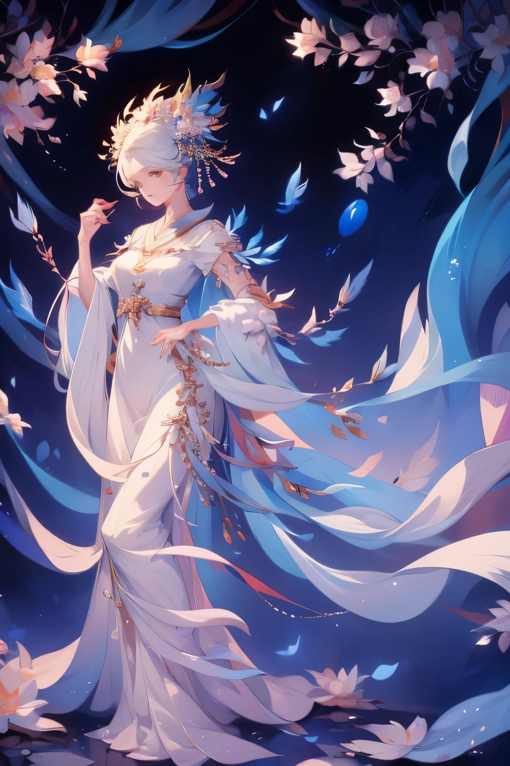 masterpiece, Beautiful goddess of the void, Standing in white transparent clothes under the empty night stars, disappearing transparent pants, Standing whole body, tall figure, Slender legs, facial details, Detailed body part details, 8k wallpaper，