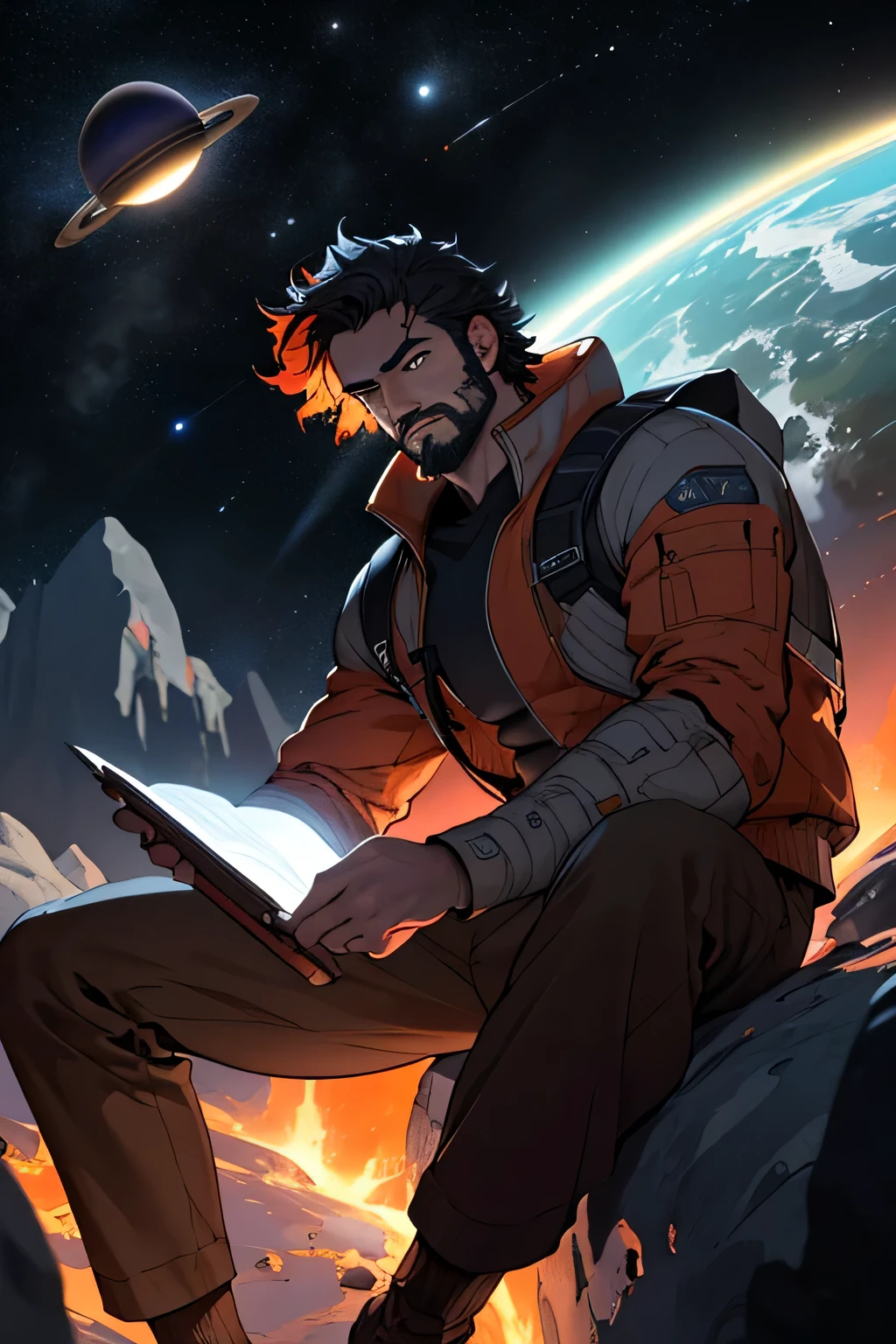 Draw a young programmer, sitting on a research platform floating in the middle of an asteroid belt. He  studying with a notebook, surrounded by several asteroids glowing with fiery auras. Dramatic lighting from distant stars and planets illuminates the scene, casting deep shadows on the suit. The young man looks confident and determined, looking at the vast and mysterious universe with wonder and respect,facial hair, cowboy shot. The drawing demensions should be for desktop use