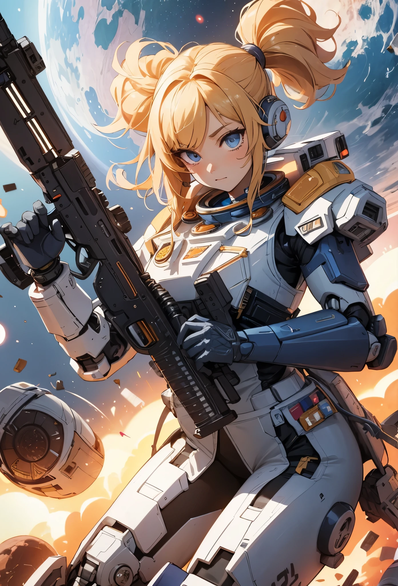  (detailed illustrations,Very detailed and precise drawing,Delicate drawn lines with tempo,Realistic texture expression),[color traced main line],(Space Battlefield [Space Mobile Fortress]),[solo],HENTAI (((ANIME) BIONICGirl) Beauty 15 years old ((muscular) [Plump])) (Astronauts Cyborg) [Space Marine Corps Military [MASCHINEBODY]],Bullet Belt Javelin [[Firearms, Machine Guns, Bazookas] Saber Rifle ][[Rocket Pack]],Zero Gravity Front,gravure [[White Devil] [Outer space combat]] Battle Damage,[retro future],(intricate and beautiful decoration [Dense detail]),(Fine and beautiful skin expression [transparency]),[完璧な目のdetailed (Beautifully detailed iris)[eyes like jewels]],[long and beautiful eyelashes],[precisely drawn hair [美しく艷やかな髪のdetailed]],(完璧な手のdetailed [Beautiful fingers with no damage [beautiful nails]]),(perfect anatomy(perfectly balanced proportions))[[full body portrait]],[[Design built to the highest level]][ideal color coordination(Accurate simulation of light and material interactions)],([Precision Detail](detailed,High definition)),[Visual art that tells a story].