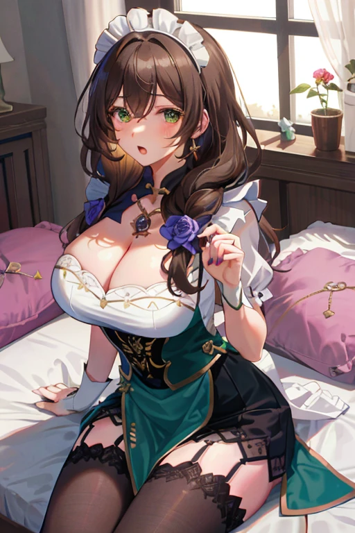 Lisa, genshin impact, 1 girl, alone, huge breasts, cleavage, hair between eyes, messy hair, large chest, long hair, looking at the viewer, brown hair, red short nails, green eyes, alone, thick thighs, maid dress, maidフク, maid, skirt, stockings, ribbon, maid uniform, sitting, bedroom, bed, pillow, window, night sky, blush, Close ~ eyes, open your mouth,sexy pose,