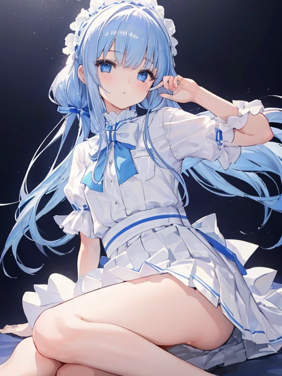 (masterpiece:1.3), (highest quality:1.1), ((1 girl)), ((alone)), (small eyes and small face:1.3), (Beautiful clear background:1.2), blue eyes, white shirt , white pleated skirt,white pantyhose， please raise your legs higher, whole body, permanent, put one&#39;s hand in one&#39;s pocket, boring, Depth of bounds written, Bedroom, (figure:1.1), (very delicate and beautiful:1.1), (perfect details:1.1), (), ,facing the audience, Upper body, focus on face