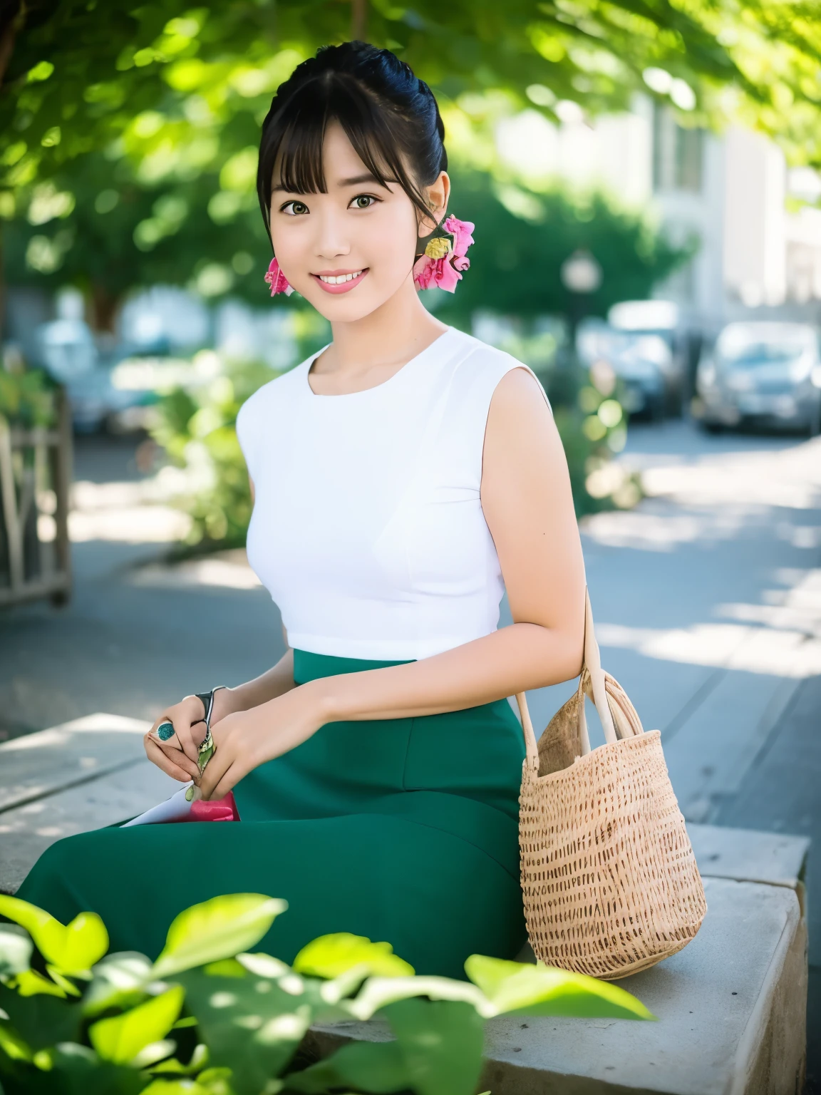  shows a person sitting on a bench outdoors,  The person is wearing a white top and a green skirt, and has some jewelry on. There is a basket next to them, and some vehicles in the background. The photo looks calm and sunny.

