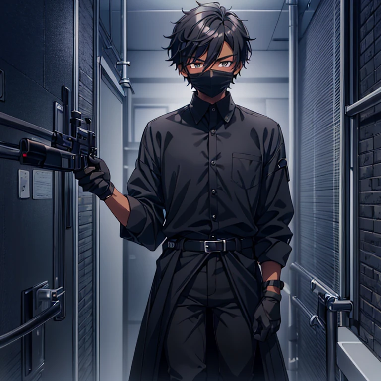 A dark-skinned boy 21 years old With medium long and disheveled hair dressed in a black button-down shirt and black jeans, wearing black gloves, black boots, and a black face maskA dark-skinned boy dressed in a black button-down shirt and black jeans, wearing black gloves, black boots and a black face mask And a shotgun