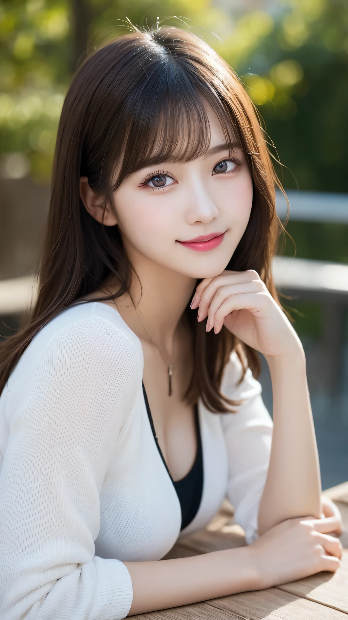 on the table, best quality, illustration, Super detailed, fine details, high resolution, 8k wallpaper, Perfect dynamic composition, Beautiful and delicate eyes, Summer women's clothing,medium hair,Big breasts natural color lips, bold gesture,Smile,Harajuku、20 year old girl、Lovely、looking into camera lens