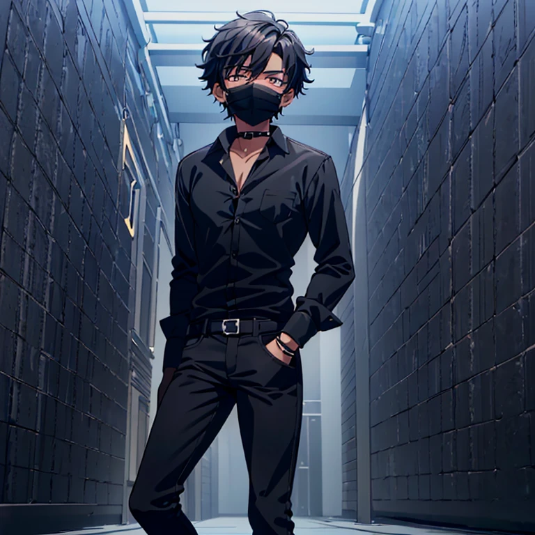 A dark-skinned boy 21 years old With medium long and disheveled hair dressed in a black button-down shirt and black jeans, wearing black gloves, black boots, and a black face maskA dark-skinned boy dressed in a black button-down shirt and black jeans, wearing black gloves, black boots and a black face mask.