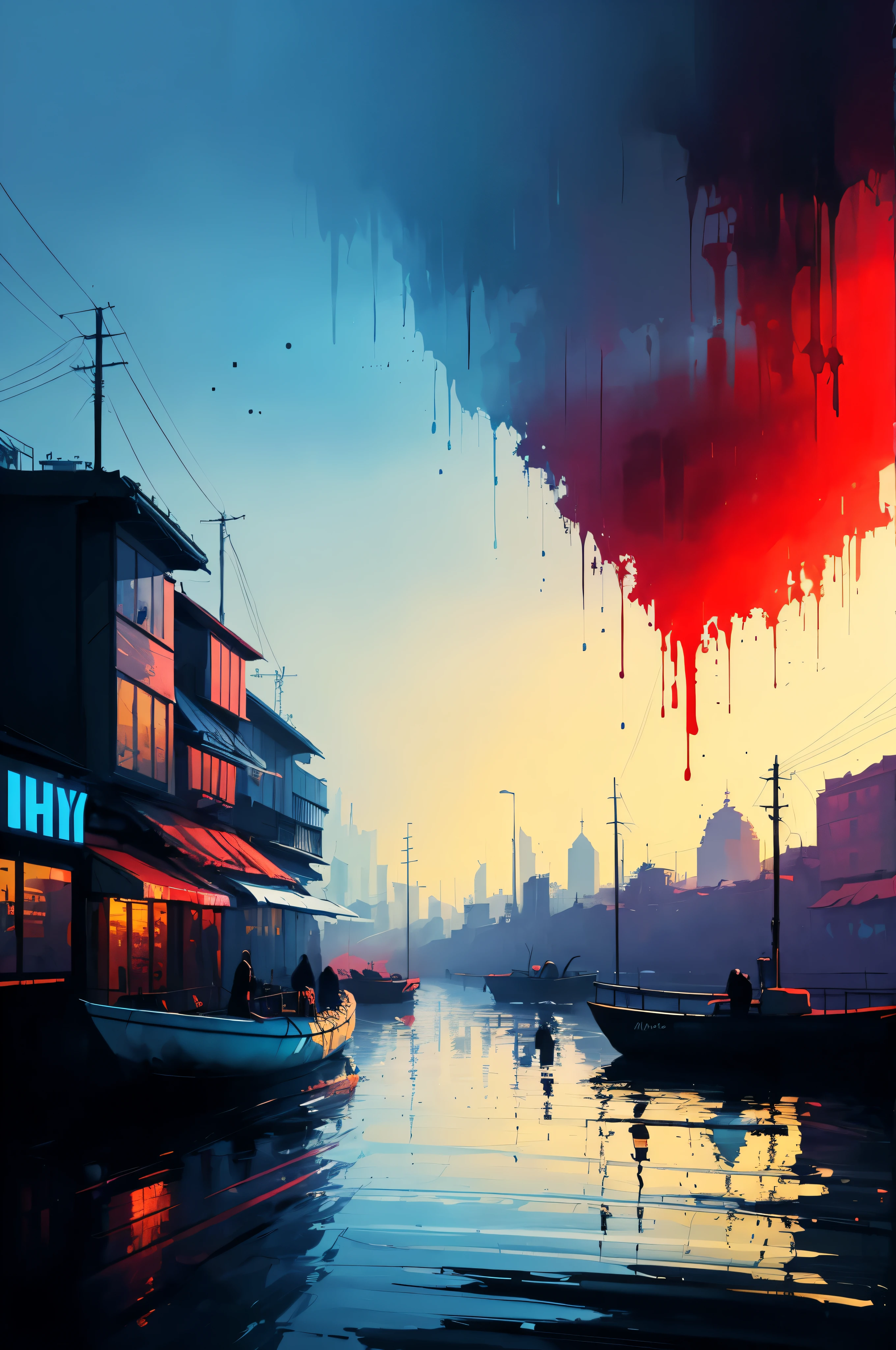 art by Alena Aenami, by Adrian Ghenie, urban scene, water, painting, color splat, ink, drips, uhd, masterpiece, high resolution,