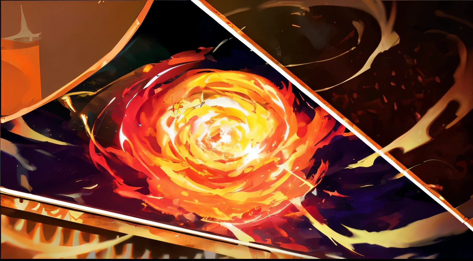 There a picture of a flower,There fire inside, fire power flames spinning, cosmic flames spinning, The abstract twist of fate, Holy Fire Spell Art, Flame whirlpool, glowing magma sphere, anime abstract art, swirls of fire, Orange spike halo in motion, official artwork, highly detailed fire tendrils