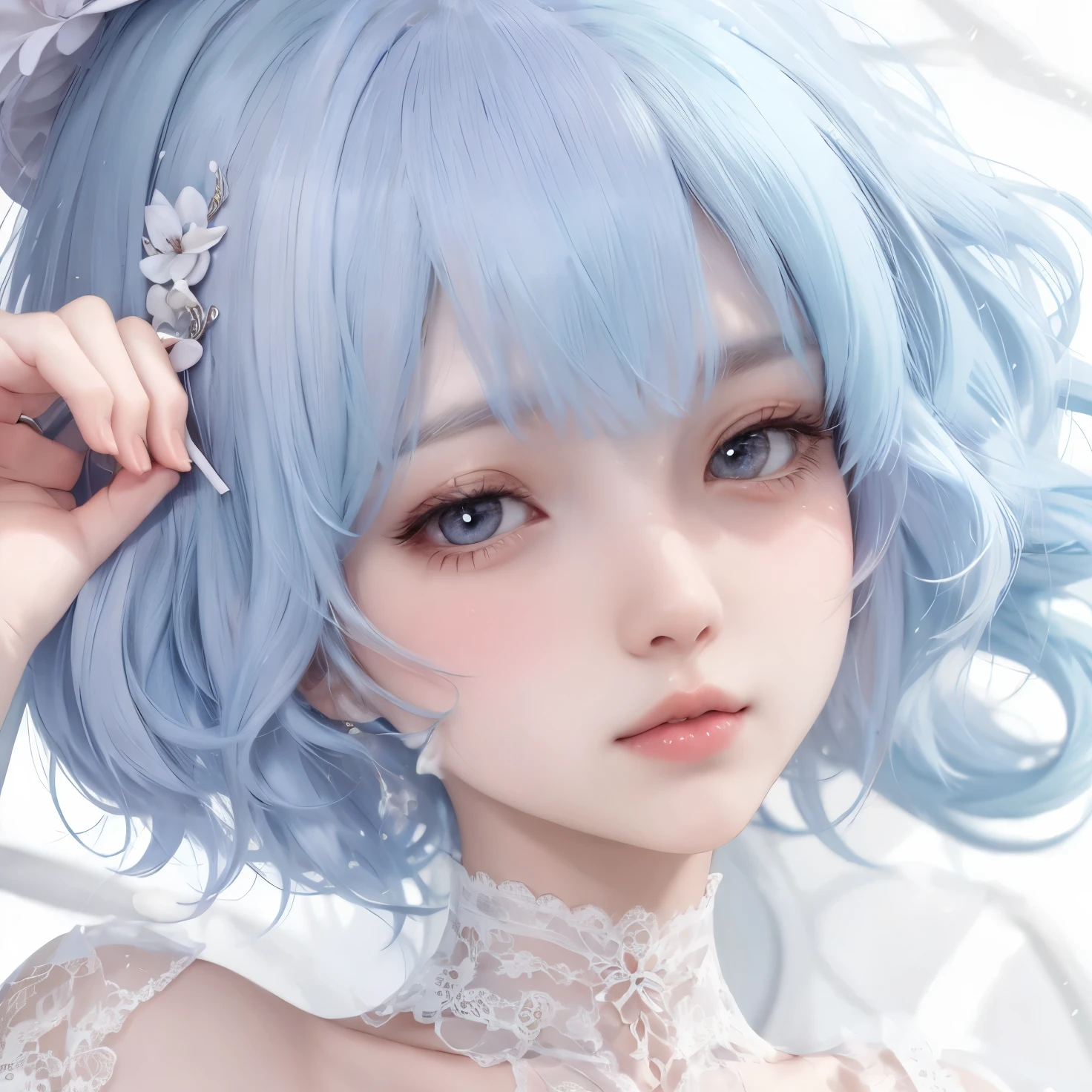 1girl, blue hair, short hair, realistic, ultra detail, 70mm lens,ganyu