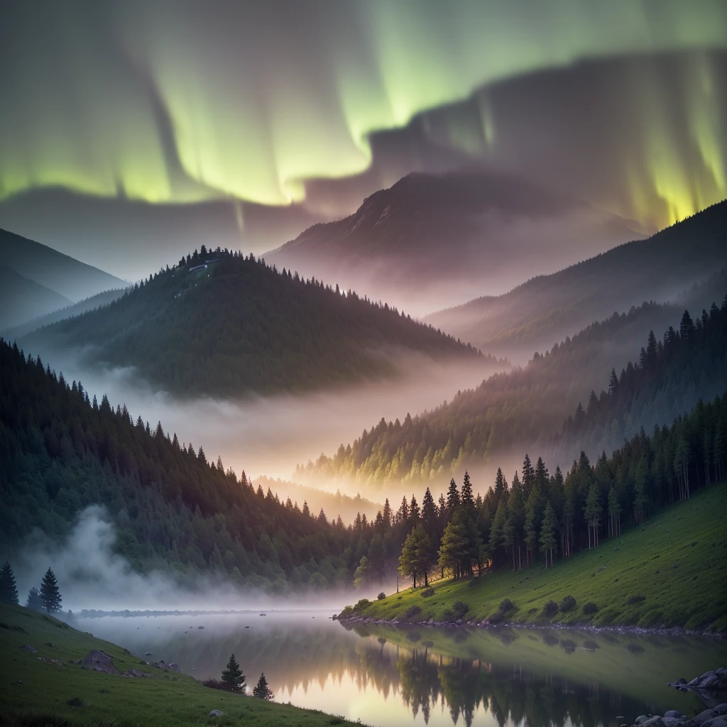 (blurry scenery:1.1,chaotic hillside,forest), (rainy mist:1.1,horizon), (sunlight:1.1,filtering through clouds:1.1), (astonishing plant:1.1,colony,illuminated by dawn), (mysterious landscape:1.1,with aurora,reflected on the lake), (misty valley), (a single leaf gently falling in the breeze)