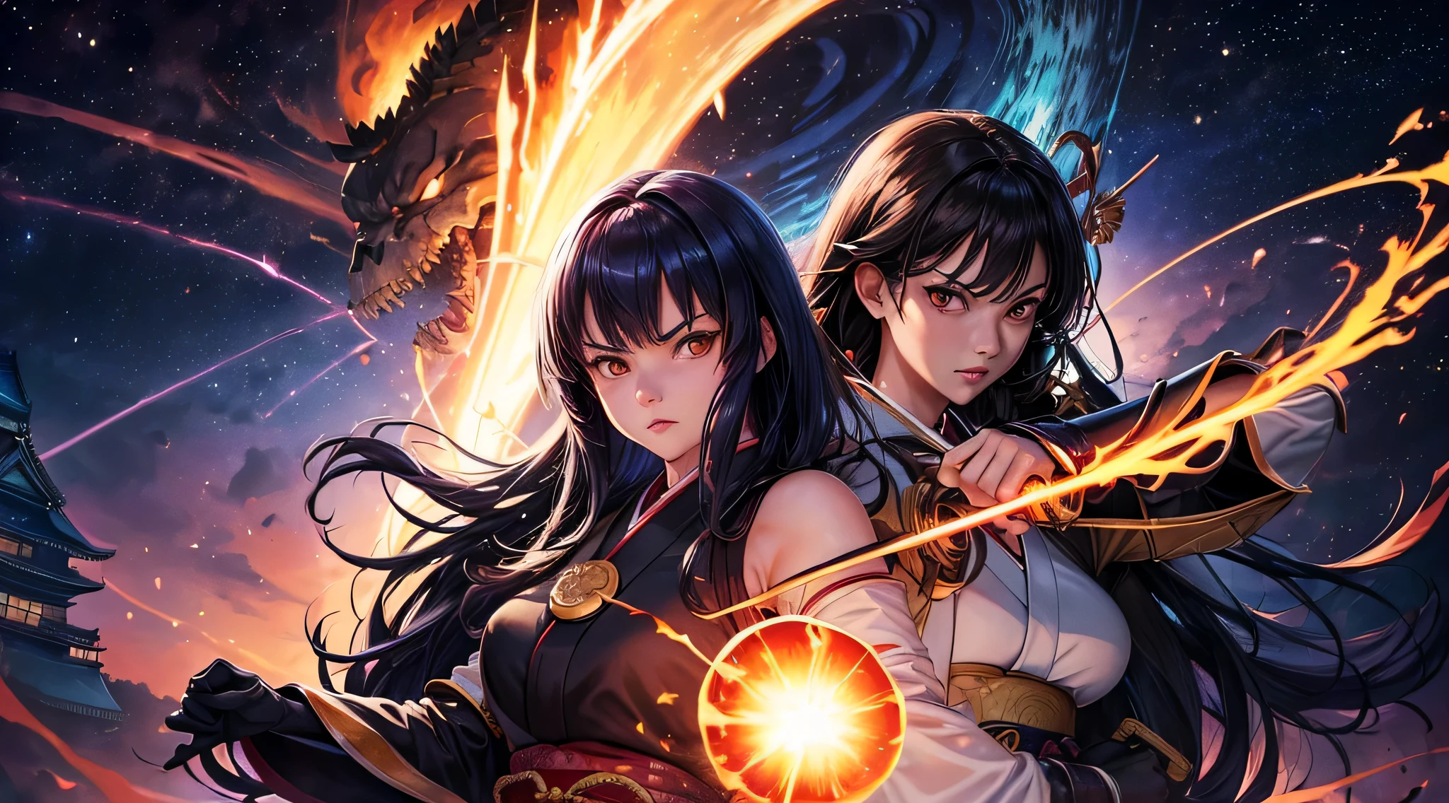masterpiece,8K,highest quality,Super detailed,ultra high resolution,(1 female kunoichi),(wield a shining sword),(Equip Japanese armor),(rage:0.6),(upper body shot:1.2),black hair,very long hair,brown eyes,straight hair,(inflammation:1.4),(sunrise),(((japanese castle))),(sparkling night view),(cosmic vortex:1.5),(((stylish pose))),(explosion:1.2),(lip whole:1.2),(radiant flare:1.4),(attack on ghosts),(Attack on skeleton),(eye contact)