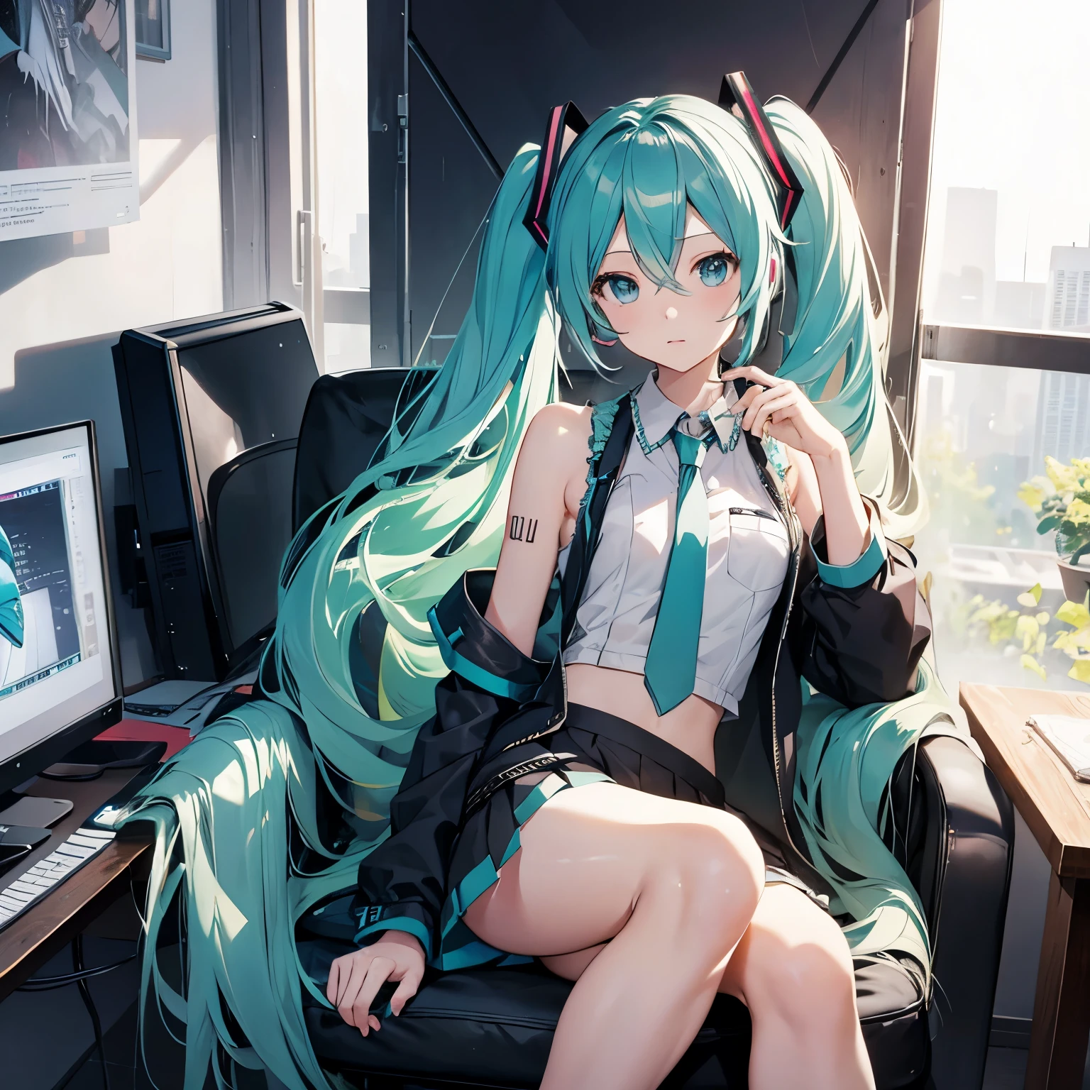 Hatsune Miku sitting on a chair
