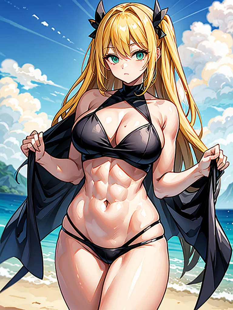 （（（masterpiece、Highest image quality、highest quality、highly detailed unity 8ｋwallpaper）））、（（Illustration of one girl））、（（（beautiful girl）））、（（blonde、two side up、sidelocks：1.6、green eyes））、（（（tall：1.tocky build：1.6, thickset physique：1.7, muscular legs, broad shoulders：1.7, solid chest：1.6））suit、sandy beach