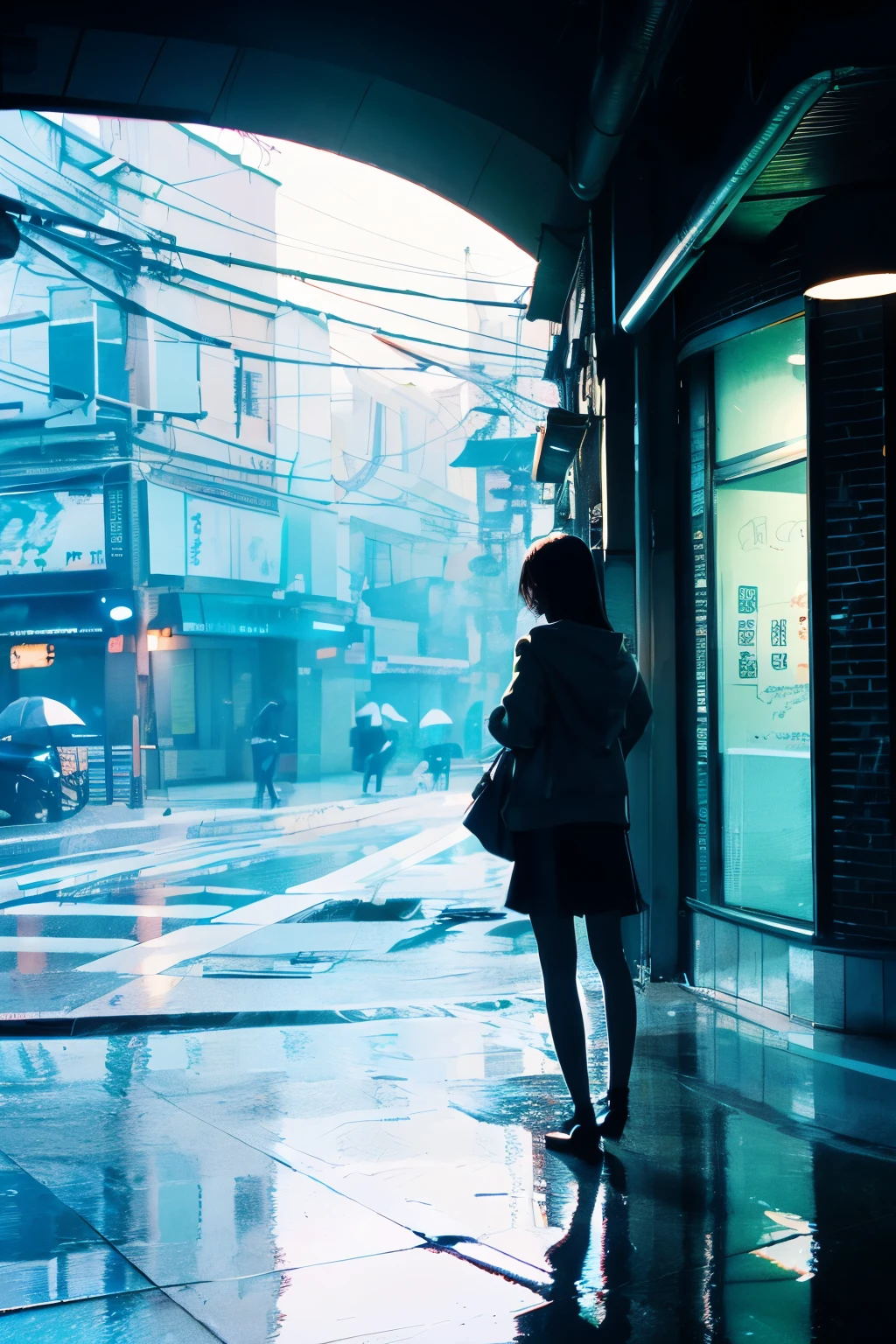 ((((ultra illustration style:1.0)))),highest quality,best animated,masterpiece,ray tracing, global illumination,Cities of the near future,1 girl,alone,, Are standing,rain