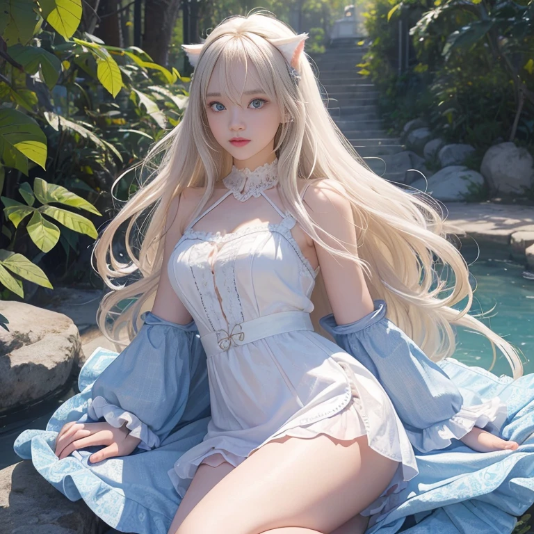 bright look、photorealism、highest quality、ultra high resolution、photograph、絶妙に美しい北欧生まれの女の子のphotograph、extraordinary beautiful girl、Detailed cute and beautiful face、(Pure Eros Face_v1:0.008)、beautiful bangs、alice in wonderland、18-year-old、glowing white shiny skin、Flow of hair that extends to the face、bangs between the eyes、super long hair、Attractive light and dark platinum blonde super long straight silky hair、thin hair、Charming shining beautiful bright clear light blue big eyes、white apron、yellow dress、eyeliner、double eyelids、rich bust、two girls、cat ears、Laughter、short skirt、White lace underskirt、pink panties、