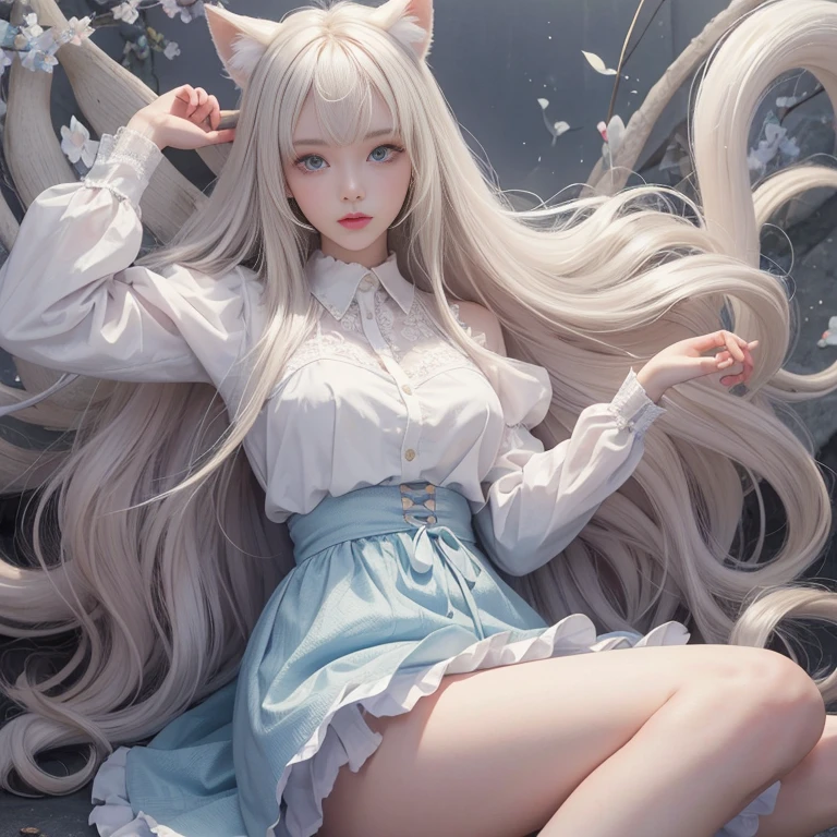 bright look、photorealism、highest quality、ultra high resolution、photograph、絶妙に美しい北欧生まれの女の子のphotograph、extraordinary beautiful girl、Detailed cute and beautiful face、(Pure Eros Face_v1:0.008)、beautiful bangs、alice in wonderland、18-year-old、glowing white shiny skin、Flow of hair that extends to the face、bangs between the eyes、super long hair、Attractive light and dark platinum blonde super long straight silky hair、thin hair、Charming shining beautiful bright clear light blue big eyes、white apron、yellow dress、eyeliner、double eyelids、rich bust、two girls、cat ears、Laughter、short skirt、White lace underskirt、pink panties、