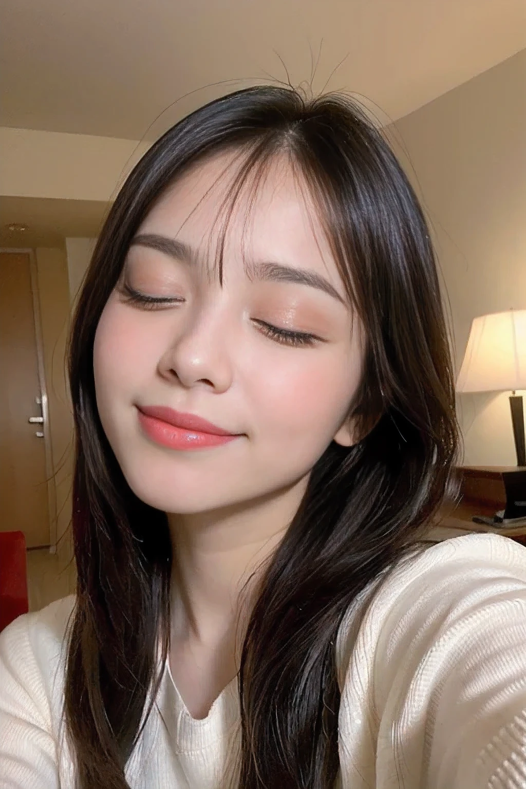 ulzzang-6500-v1.1,  (RAW photo:1.2), (Photoreal), beautiful detailed girl, (See-through:1.3), (genuine: 1.4), very detailed目と顔, beautiful and fine eyes, elegant long dress、(very affectionate smile:1.2)、huge file size, High resolution, very detailed, highest quality, [masterpiece:1.6], enlightenment, very detailed, nffsw, finely, highest quality, 8k wallpaper, movie lighting, 1 girl, 17 years old, perfect body shape, Cute droopy eyes、beautiful big eyes、Pieck finger, ((muste piece)), highest quality, 1 girl, eye shadow, Upper body, portrait, ((full body shot:1.2))、