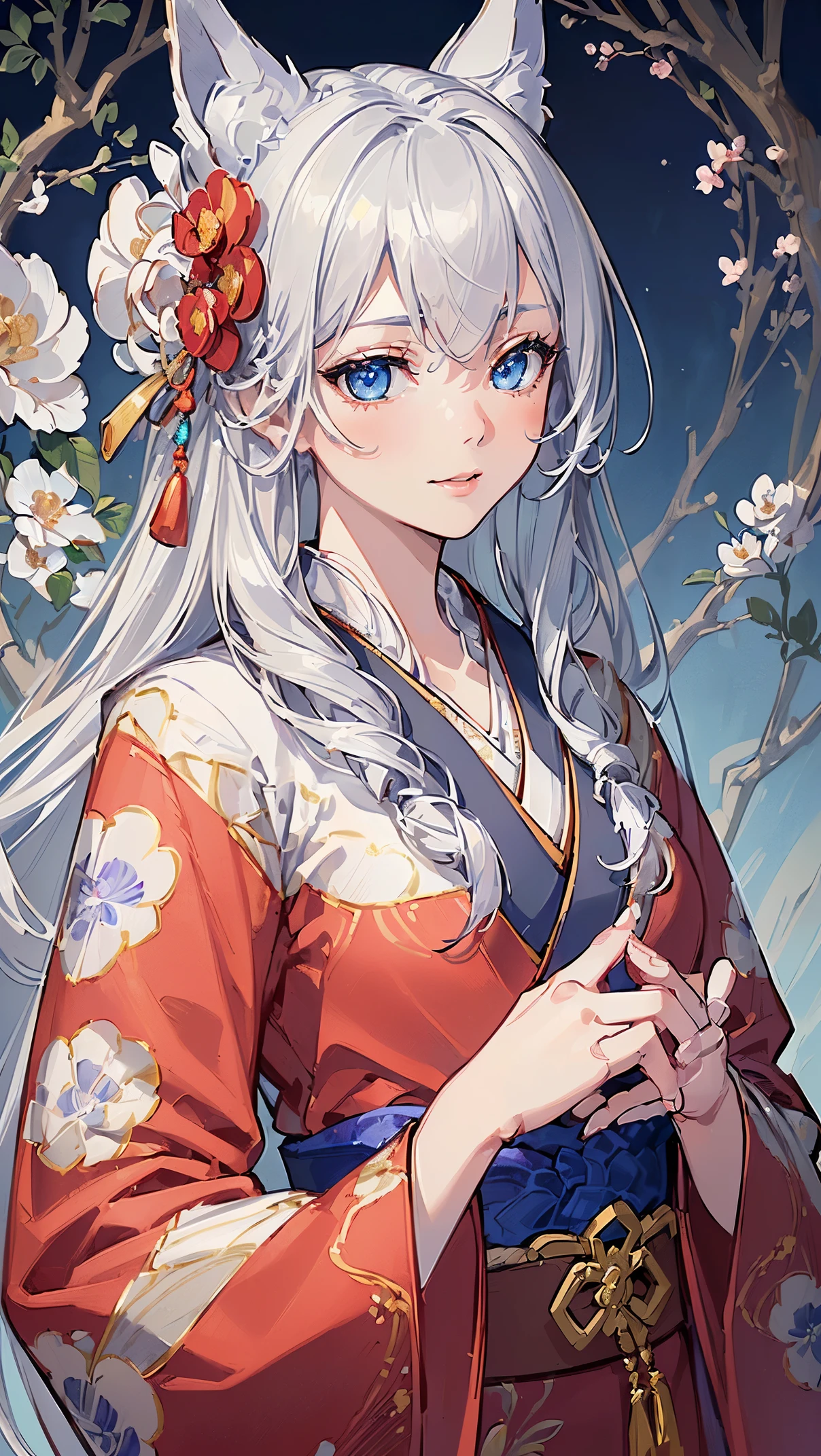 (((masterpiece))), (((highest quality))), ((ultra-detailed)), ((super fine illustration)), ((ultra-fine painting)), (upper body:1.6), HDR, (Highly detailed and delicate illustration style:1.8), detailed skin texture, detailed cloth texture, extreme detailed description, (T-masterpiece), (highly detailed face:1.2), (highly detailed shiny hair:1.2), (highly delicate clear eyes:1.2), original, RAW photo, professional, Intricate details, super details, direct light:1.6, (highly detailed hands:1.2), (highly detailed fingers:1.2), (highly detailed fingertips:1.2), (16-years-old), real, (Solo:1.5), (A very beautiful and cute silver fox girl with blue eyes wearing a bright red long-sleeved kimono with a floral pattern:1.4) BRAKE (Beautifu and adorable highly detailed and delicate silver fox ears:1.4), (Beautifully shaped breasts), (Beautifully shaped small buttocks), (Beautiful and shiny highly detailed and delicate silver hair up hair:1.4), (Beautiful clear and highly delicate blue eyes:1.6), (smile:1.3), (blush:1.2), (looking at viewer:1.4), Very detailed, beautiful and perfect hands:1.4, Very detailed, beautiful and perfect fingers:1.4, Very detailed, beautiful and perfect fingertips:1.4, (perfect anatomy:1.4) BRAKE (Bright red long-sleeved kimono with highly detailed floral pattern:1.4), (Japanese traditional costume:1.2) BRAKE (16K highest quality wallpaper:1.4), (Very detailed and delicate streets of the Japanese capital in the background just after noon in January:1.6), Very detailed and delicate streets of the Japanese capital:1.2, (Very beautiful in the sunny sky background just after noon:1.4) BRAKE 