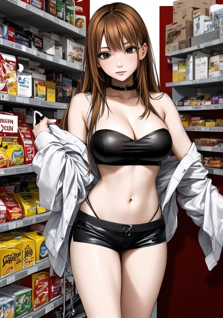 A beautiful adult woman with shoulder-length big breasts, beautiful legs, and a sharp face is standing in a supermarket wearing a black tube top that exposes her navel and hot pants shaped like black panties.。