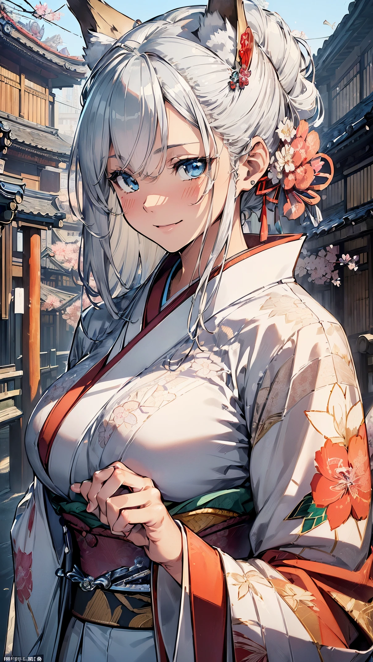 hight resolution, absurdres, best_Quality, Ultra_Detailled, 8K, extremely_clear, photo, beautiful, Beautiful face, Scharp Focus, HDR, 1girl, Clean eyes, very wide-eyed,old japanese town in the mountains in the background , Beautiful face, very red areola, standing , upper body, very seductive pose, very young, , no bra, bare chest, , naked, No Top, NSFW, gray hair with ponytail, bare, no clothing, small tits