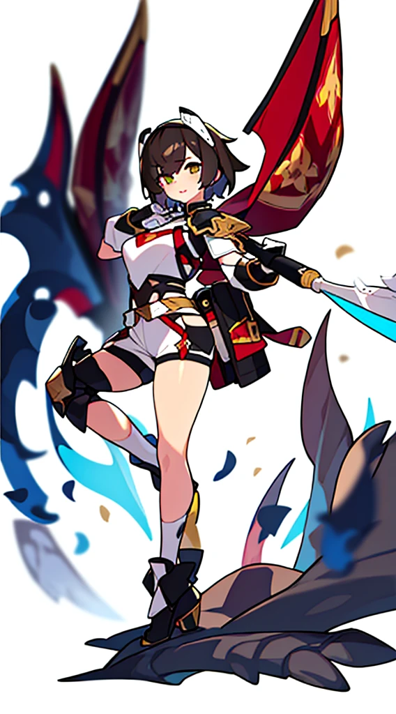 solo female, standing, (((blurry background, white background))), character focus, fantasy clothes, character design, shorts, holding weapon,