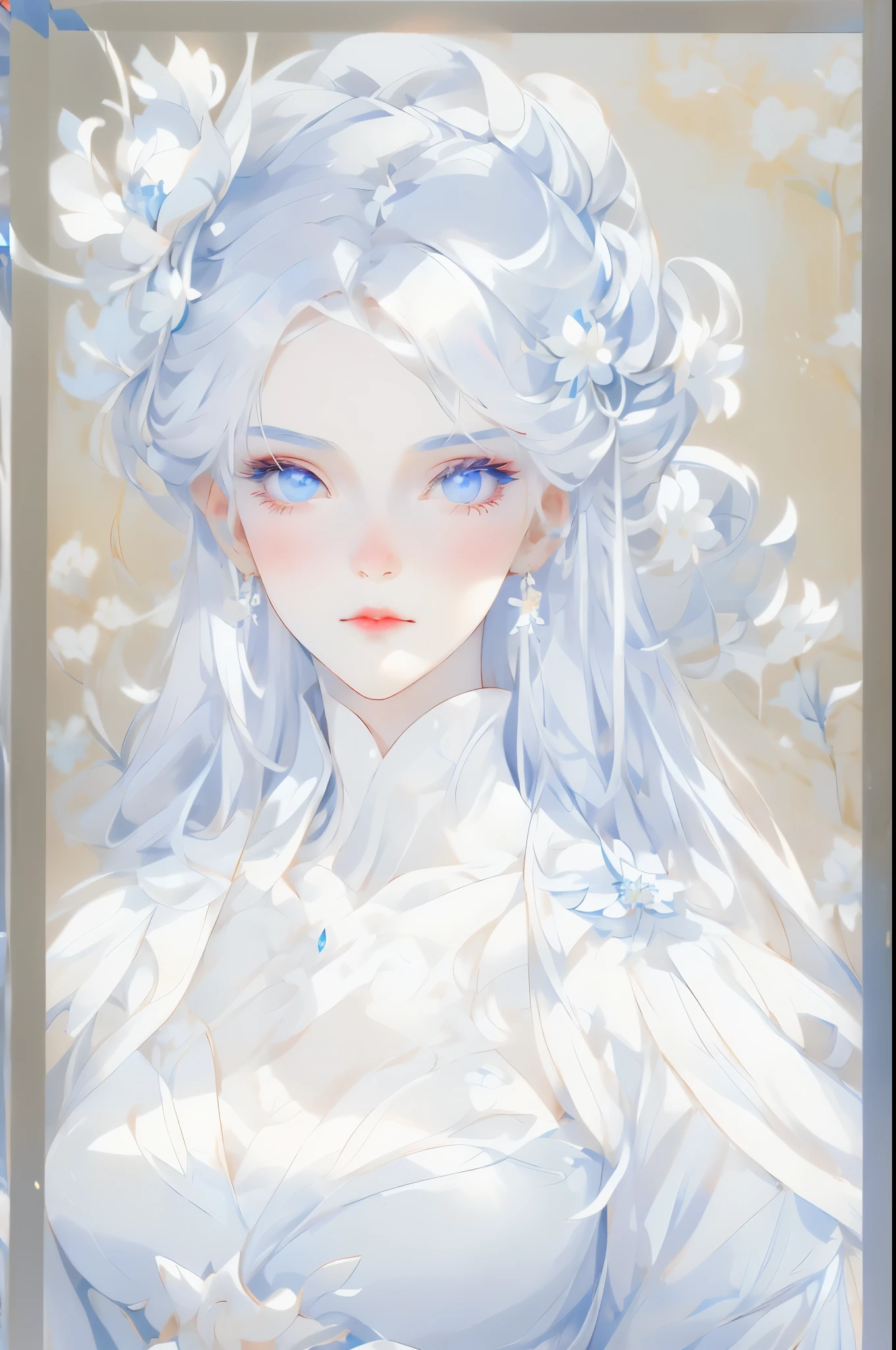 Anime girl with white hair, blue clothes and white flowers, White-haired God, ((beautiful fantasy queen)), Detail of long white hair, beautiful fantasy queen, a silver painting, porcelain white skin, Inspired by Qiu Ying, fair skin, Inspired by Ma Yuanyu, beautiful youth spirit, white haired lady, ethereal beauty