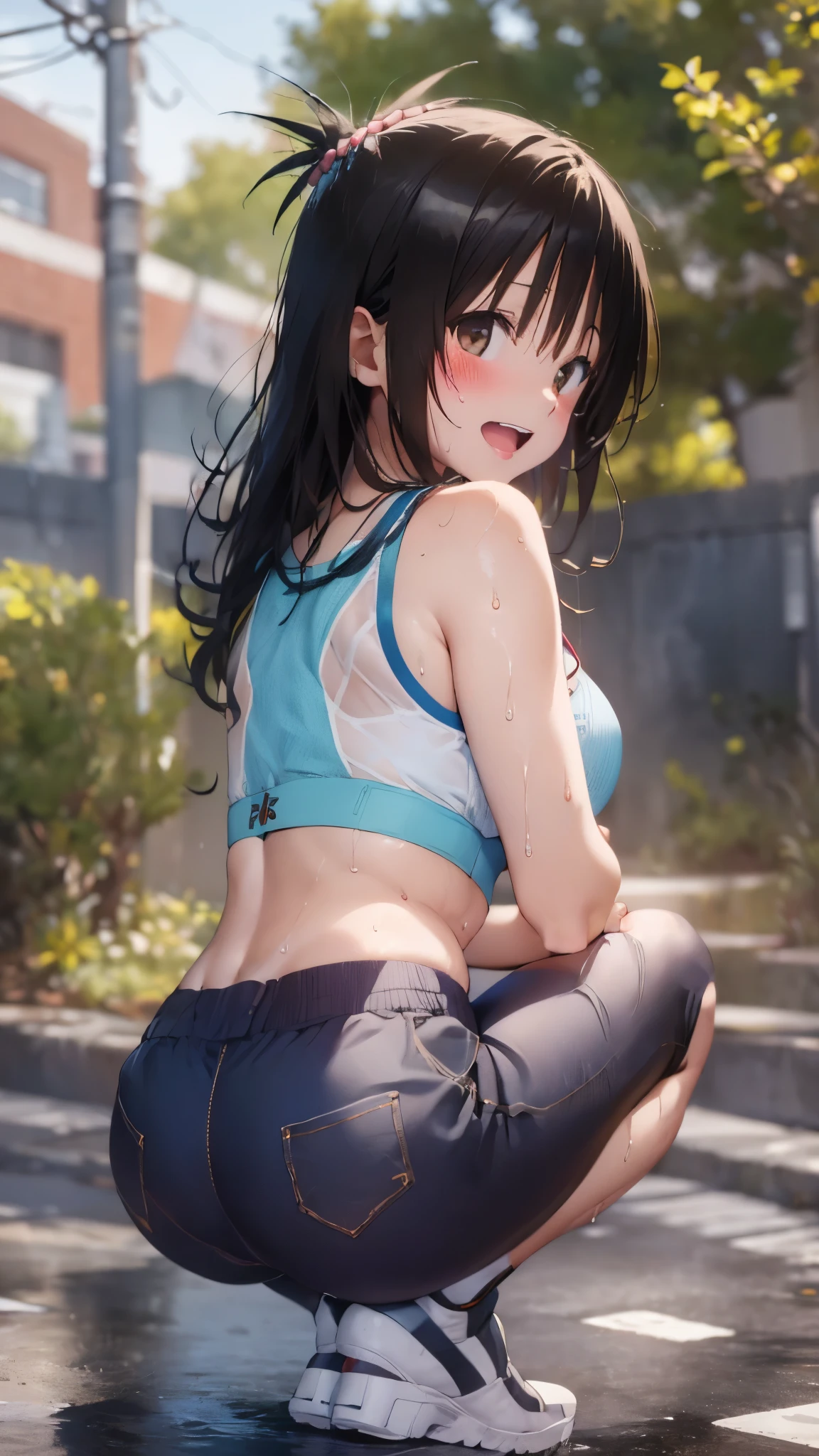 1 female,black hair,(()),(((White and blue sports bra and shorts)))(((blush、open mouth smile)),(((Yuki Mikan))),crowd(Baby girl bohape)(((small breasts)))squat,Look back and look back((wet with sweat))Outside playground,Mansuji