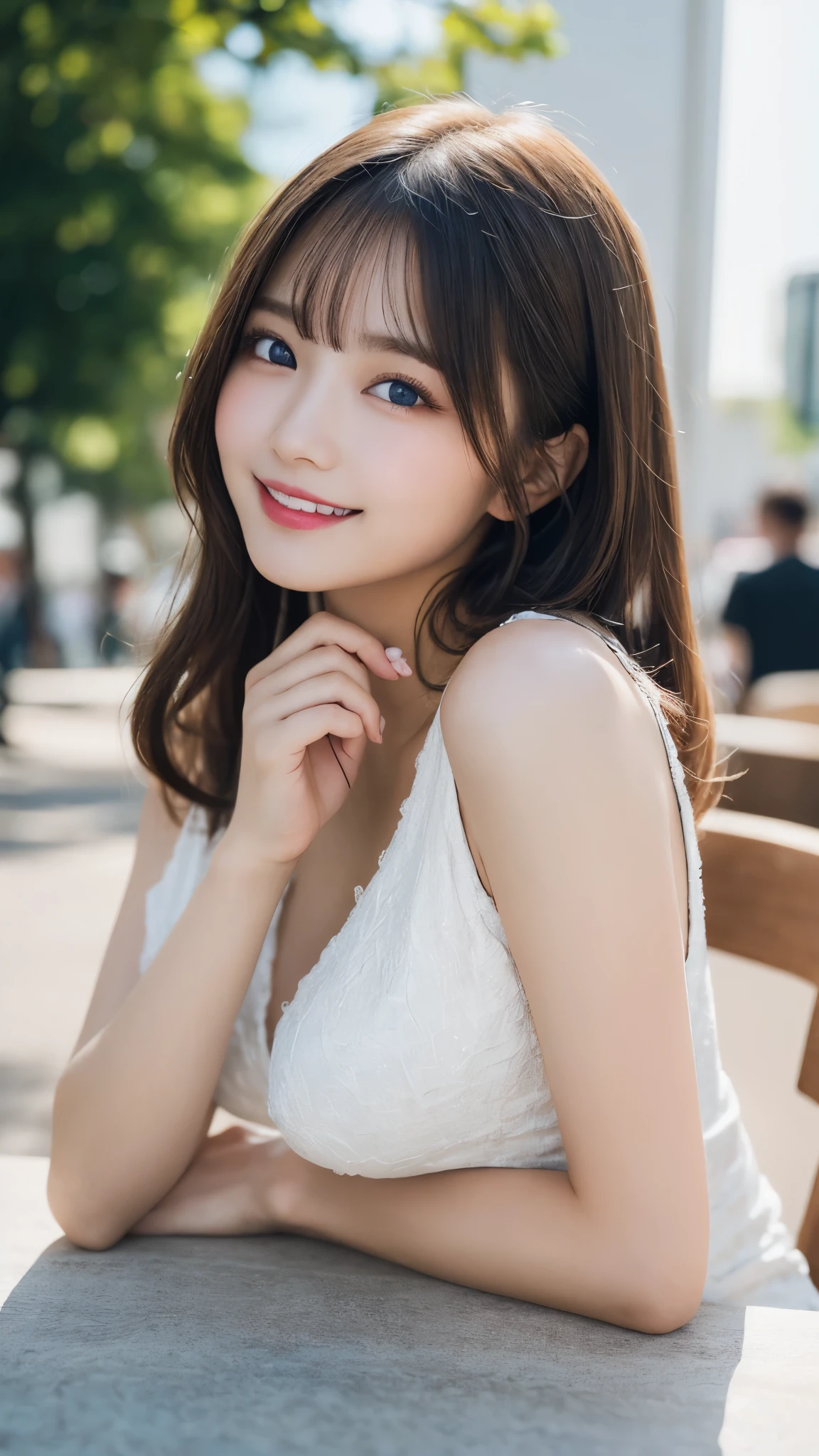 on the table, best quality, illustration, Super detailed, fine details, high resolution, 8k wallpaper, Perfect dynamic composition, Beautiful and delicate eyes, Summer women's clothing,medium hair,Big breasts natural color lips, bold gesture,Smile,Harajuku、20 year old girl、Lovely、looking into camera lens