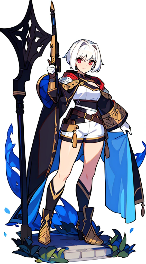 solo female, standing, (((blurry background, white background))), character focus, fantasy clothes, character design, shorts, holding weapon, full-body,
