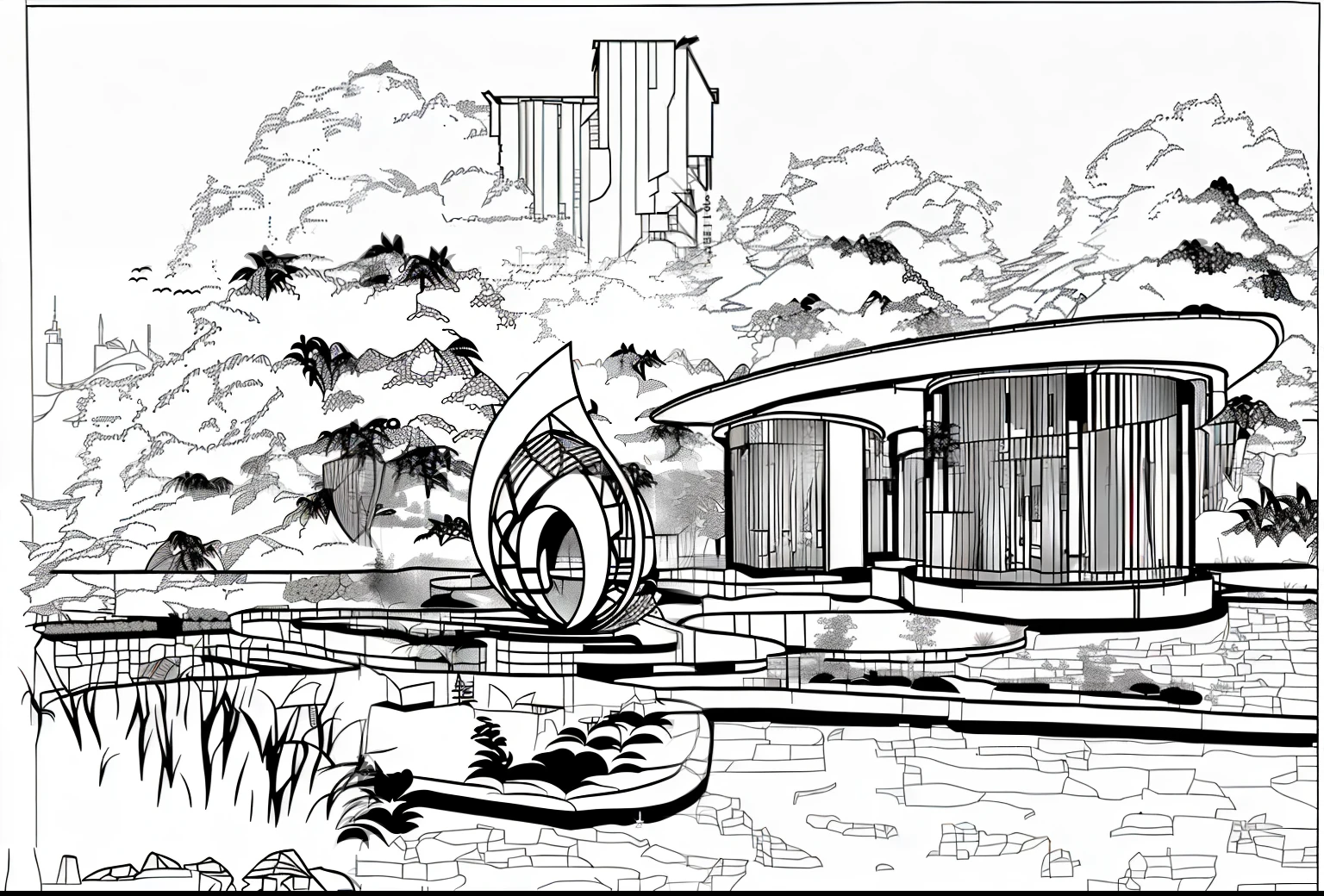 Real outdoor scene,su rendering screen,Create buildings on an island,The building as a whole cylindrical,The scene softly lit,Many plants around,There a path connected to the island,There a flat terrain on the island where buildings can be placed,Alien buildings