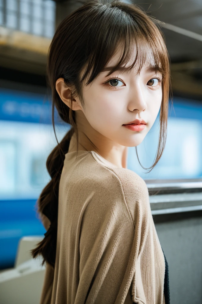 Cinematic Photo of a beautiful korean fashion model bokeh train