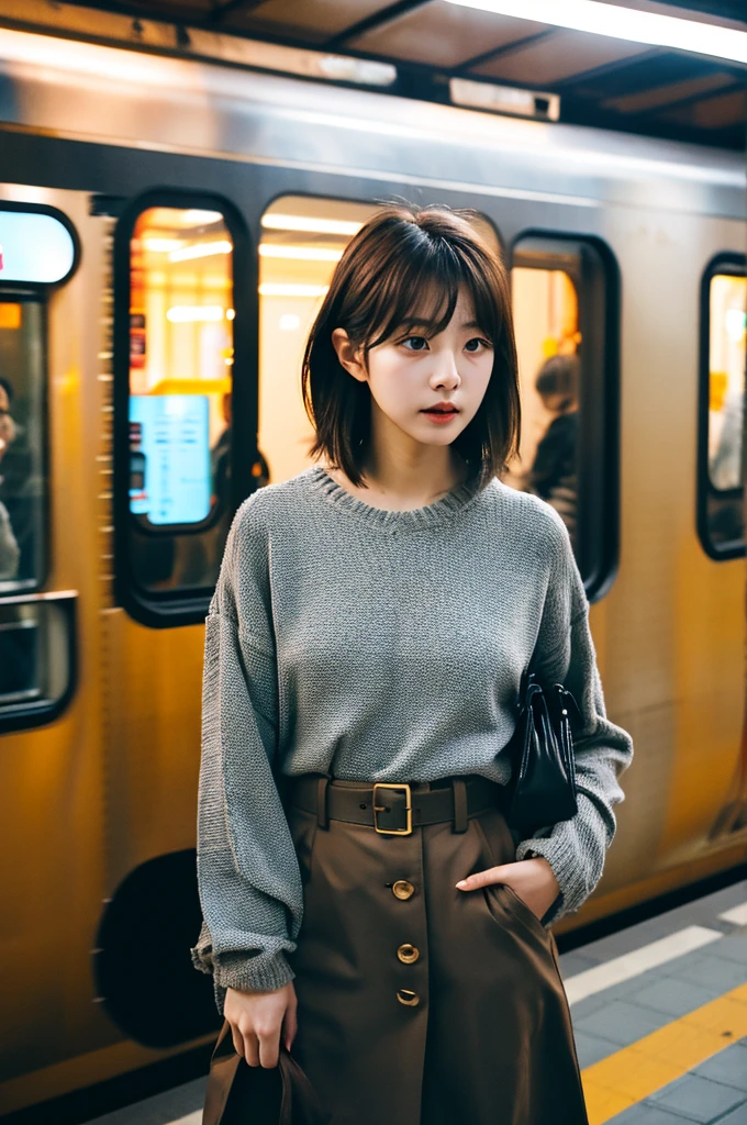 Cinematic Photo of a beautiful korean fashion model bokeh train