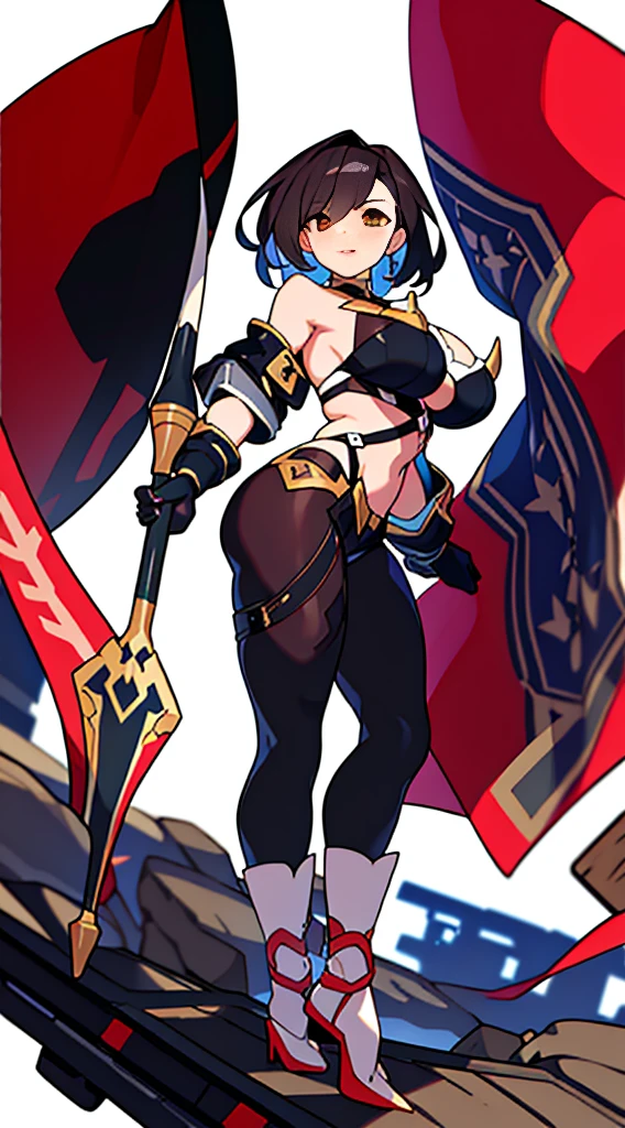 solo female, standing, (((blurry background, white background))), character focus, fantasy clothes, character design, shorts, holding weapon, full-body, thong,
