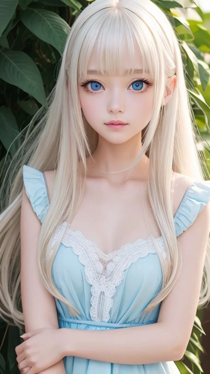 bright look、photorealism、highest quality、Super high resolution、picture、Photo of an exquisitely beautiful Scandinavian girl、extraordinary beautiful girl、cute and beautiful face details、(Pueros face_v1:0.008)、beautiful bangs、alice in wonderland、18-year-old、Shining white skin、hair run that extends to the face、bangs between the eyes、super long hair、Attractive light and dark platinum blonde super long straight silky hair、thin hair、Charming shining beautiful bright clear light blue big eyes、white apron、yellow dress、eyeliner、double eyelid、rich bust