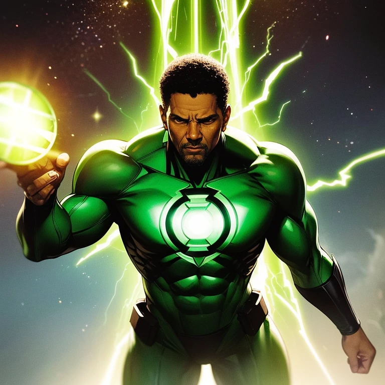 (a strong, confident, and experienced Denzel Washington portrays the iconic character "Green Lantern") green lantern, Denzel Washington, superhero, lantern power ring, black and green costume, shining bright in the darkness, fearless protector of the universe, cosmic energy, intergalactic peacekeeper, powerful constructs, battling evil, flying through space, ring-generated force fields, glowing green light, the strength of will, emerald energy beams, justice, courage, determination, hero's journey, saving the day, action-packed scenes, thrilling battles, cinematic masterpiece, visually stunning effects, intense emotions, captivating performance, dynamic poses, epic adventure, unique perspective, vibrant colors, grand spectacle of light and darkness.