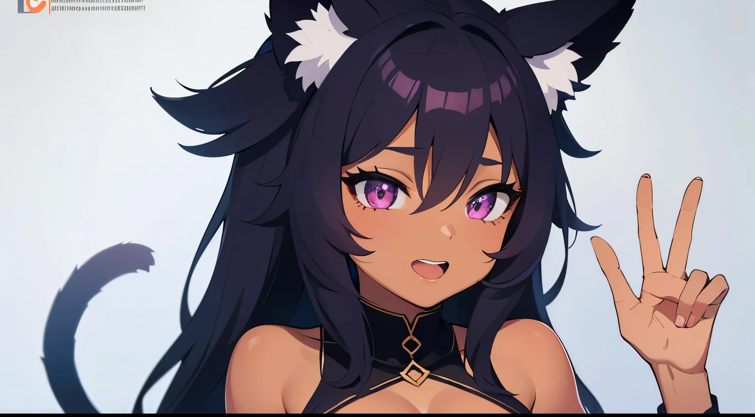 Jahy adult form with medium breasts wearing a dark purple outfit, cat like ears to the sides, teeth like a cat, tanned skin, orange colored cat like eyes, sfw, (detailed eyes), purple