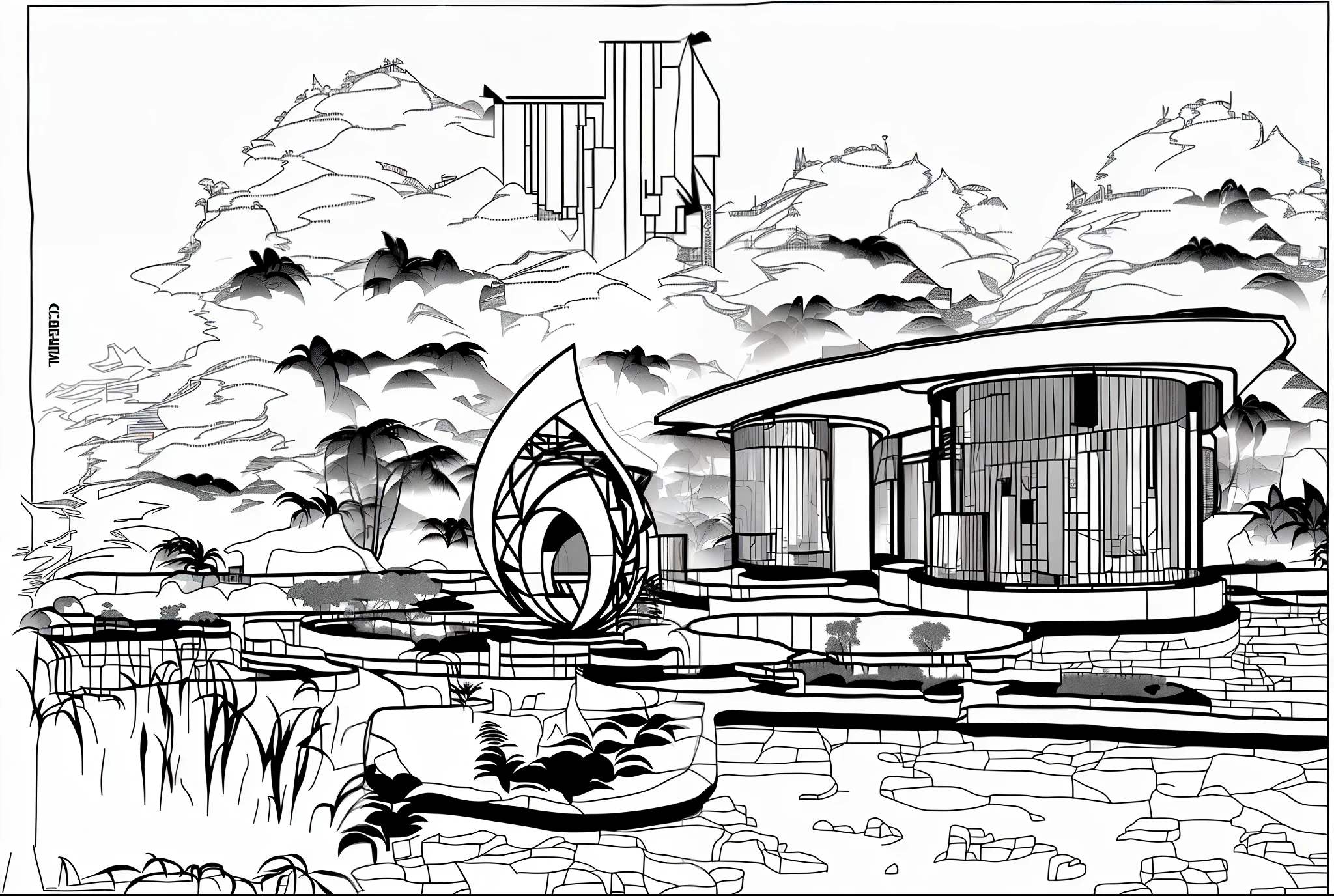 Real outdoor scene,concrete,rendering effect,Create buildings on an island,The building as a whole cylindrical,The scene softly lit,Many plants around,There a path connected to the island,There a flat terrain on the island where buildings can be placed,Alien buildings