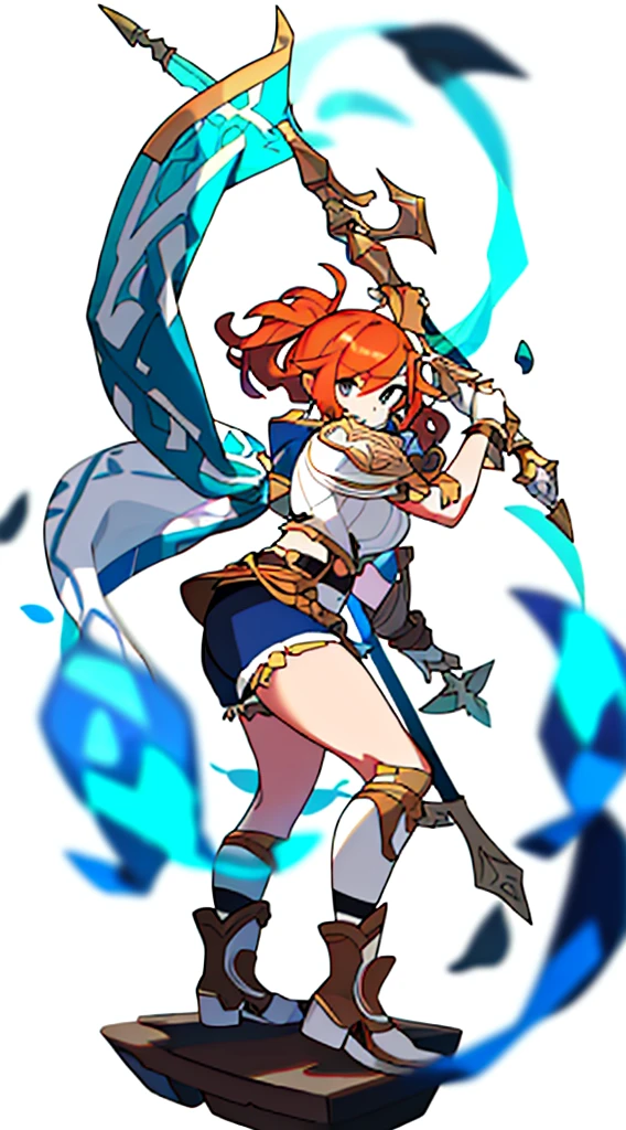 solo female, standing, (((blurry background, white background))), character focus, fantasy clothes, character design, shorts, holding weapon, fullbody, thong,
