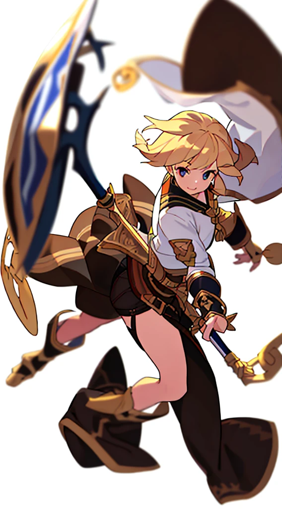 solo female, standing, (((blurry background, white background))), character focus, fantasy clothes, character design, shorts, holding weapon, fullbody, thong,