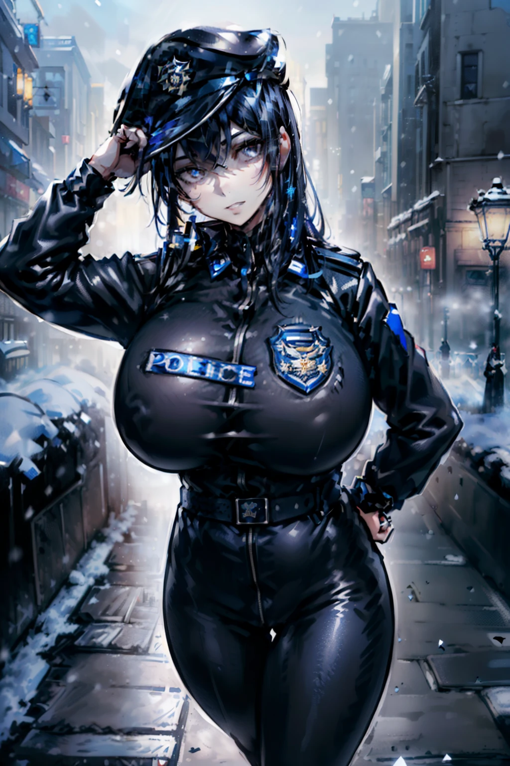 ((masterpiece, best quality, ultra high resolution)), 1 girl, permanent, Confidant position, (((((police officer, Wearing a blue police uniform, )))), (((wearing a hat))), (Black, Black beat cop hat), (((Black hair, dark Black hair))), cut long hair, pale skin, ((brown Eye)), luminescent_Eye, neon Eye, (ultra detailed Eye:0.7, Beautiful and detailed face, detailed Eye:0.9), ((center)), Smile, ((广角镜head)), for the audience, eye level, ((vibrant background, snowy landscape, city View, snowing, snow)), flat chest, looking at the audience, ((half closed Eye)), ((perfect hands)), ((head:1, armored weapons, buttocks, Elbow, in sight:1)), (((Put your hands behind your back))), empty Eye, beautiful lights, external, outdoor, background, clear topic, (25 years old), (head tilt), (((epic))), (((cool))), ((shadow face))