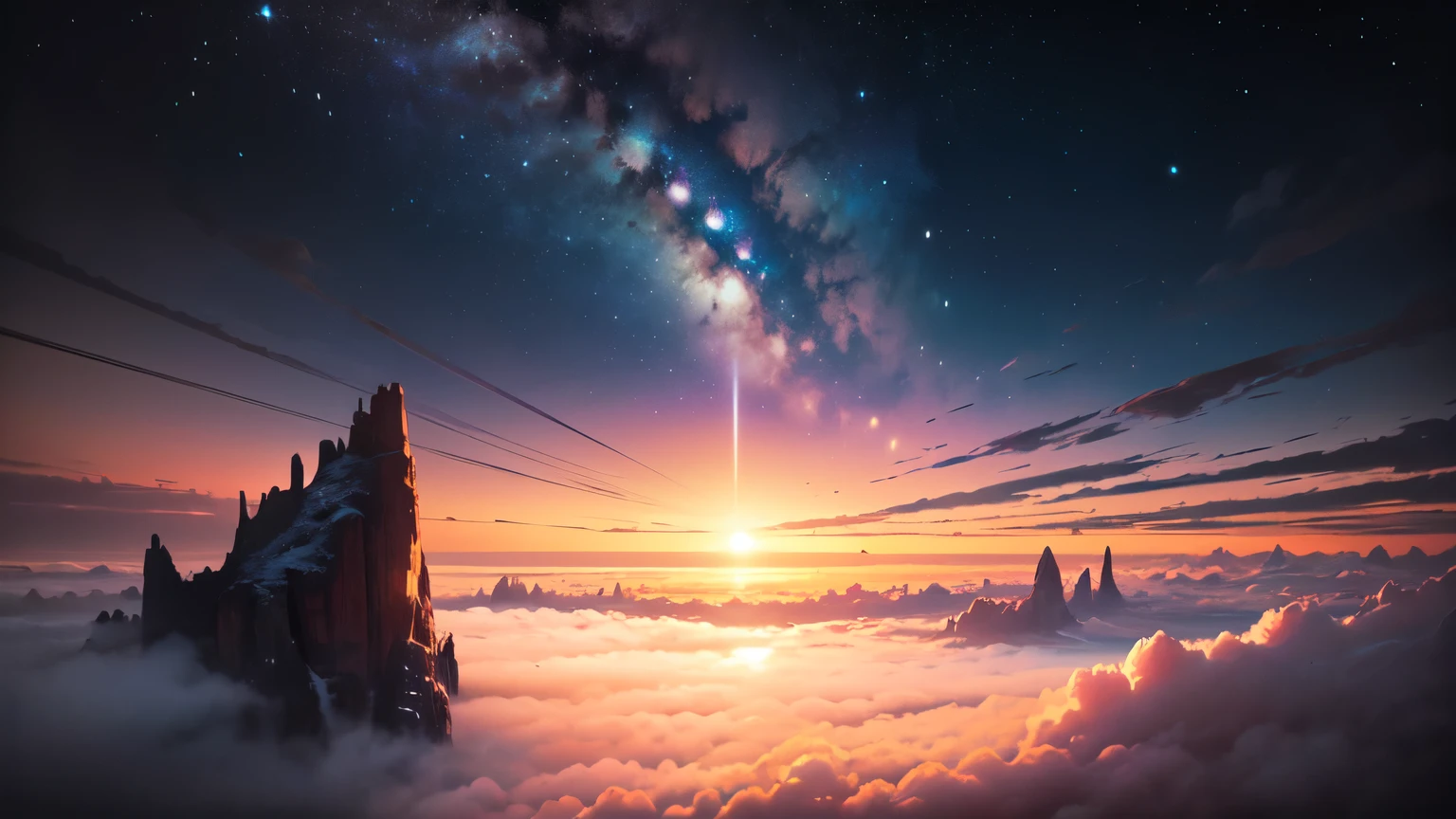 The image depicts a breathtaking otherworldly scenery that  nothing short of magical. It appears to be taken from high above the clouds, as the viewer  presented with a stunning panoramic view of the vast expanse of the sky. The stars twinkle and glimmer, creating a mesmerizing spectacle that  truly awe-inspiring. A colorful rainbow  also visible in the distance, adding a pop of vibrant hues to the otherwise serene and tranquil atmosphere. The sun shines brightly, casting a warm and welcoming glow over the entire scene. Overall, this image  a symphony of colors, light, and beauty that transports the viewer to another world entirely.