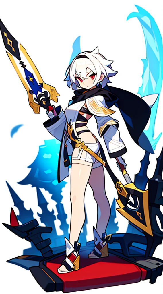 solo female, standing, (((blurry background, white background))), character focus, fantasy clothes, character design, shorts, holding weapon, fullbody, thong,
