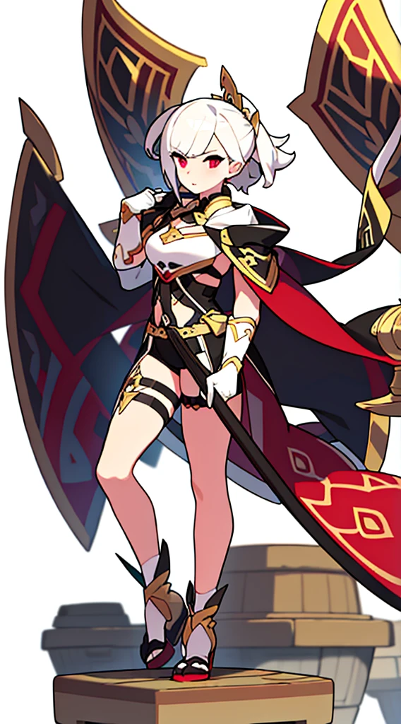 solo female, standing, (((blurry background, white background))), character focus, fantasy clothes, character design, pantie, holding weapon,