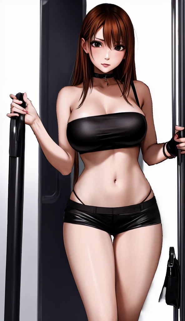 A beautiful adult woman with shoulder-length big breasts, beautiful legs, and a sharp face is standing on a train seducing a middle-aged man in a suit wearing a black tube top that exposes her navel and hot pants shaped like black panties. Masu。