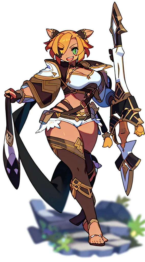 solo female, standing, (((blurry background, white background))), character focus, fantasy clothes, character design, shorts, holding weapon, fullbody, thong, front,