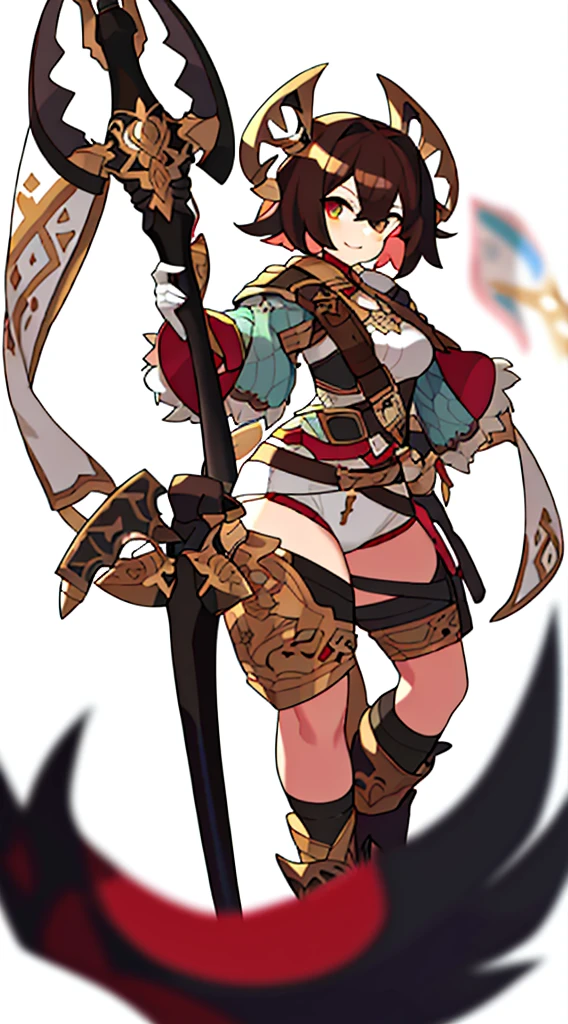 solo female, standing, (((blurry background, white background))), character focus, fantasy clothes, character design, shorts, holding weapon, fullbody, thong, front,
